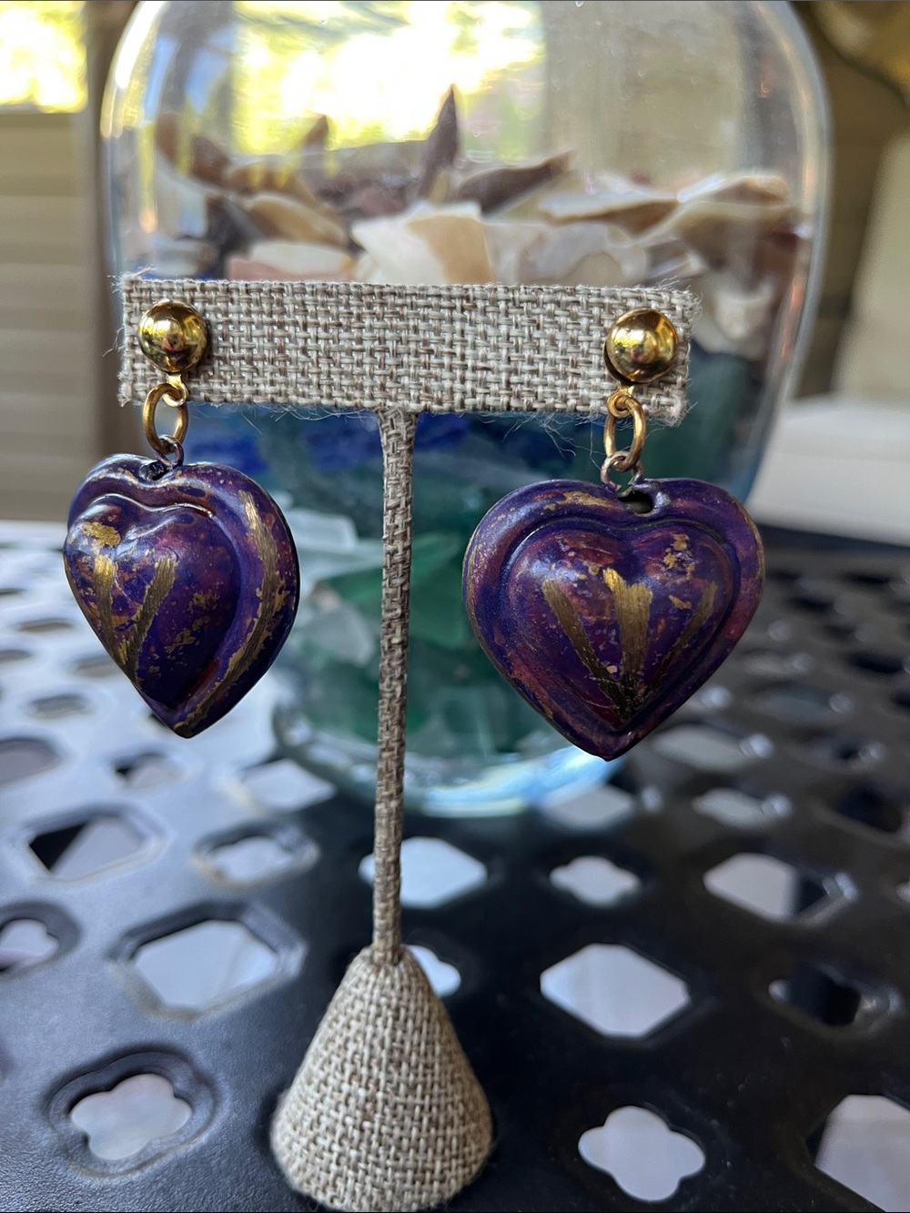 Hand-Painted Purple Heart Drop Earrings with Gold Accents